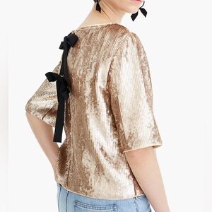 J Crew Gold Sequin short sleeve Top with Black Bow Accents size 4